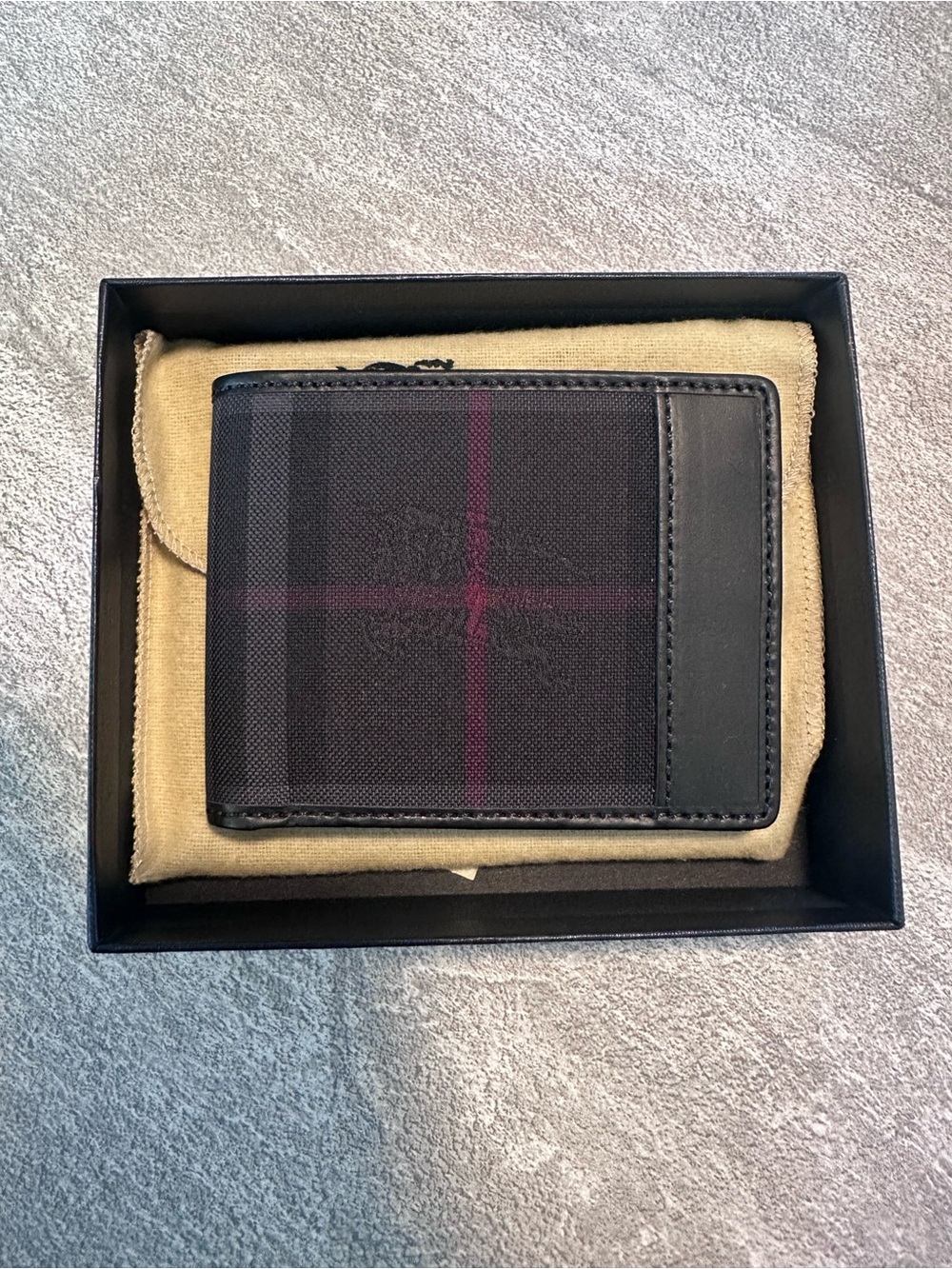 Burberry Charcoal Check Bi-Fold Men's Wallet with Leather Trim